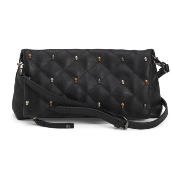 Betsey Johnson Black XO Jayne Quilt Crossbody Clutch Gold &Silver Skull Accents - Picture 2 of 15